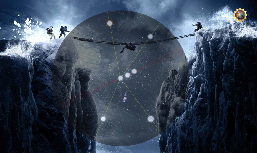 Imagen surrealista mostrando a dos escaladores maniobrando sobre una escarpada monta&ntilde;a de hielo bajo un cielo estrellado nocturno. En el fondo, elementos visuales de l&iacute;neas y esferas luminosas conectadas entre s&iacute; evocan la representaci&oacute;n de la Mazzaroth sobre un fondo oscuro que representa el universo.