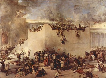 Pintura cl&aacute;sica que representa un evento ca&oacute;tico en una antigua plaza p&uacute;blica con numerosas figuras humanas en diversas actividades, algunas luchando, otras ca&iacute;das en el suelo y unas pocas escalando las paredes de una gran estructura de piedra bajo un cielo oscurecido por humo.