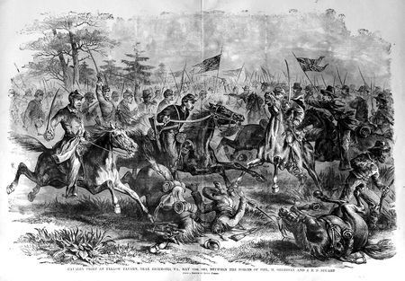 Grabado hist&oacute;rico en blanco y negro que representa una batalla intensa durante la Guerra Civil Estadounidense. Se pueden observar varios soldados en combate a caballo y a pie, con banderas ondeando en el fondo, ilustrando un momento de acci&oacute;n y conflicto.