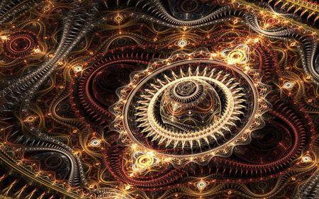 Una imagen digital abstracta que muestra un dise&ntilde;o intrincado reminiscente de patrones celestiales y mec&aacute;nicos, con tonos dorados y formas en espiral que evocan una representaci&oacute;n art&iacute;stica de constelaciones.