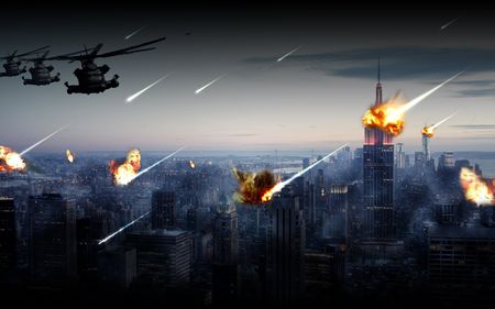 Ilustraci&oacute;n de una escena urbana durante el crep&uacute;sculo, con varios objetos celestes ardiendo mientras se precipitan hacia el paisaje urbano bajo un cielo estrellado, y helic&oacute;pteros militares en vuelo.