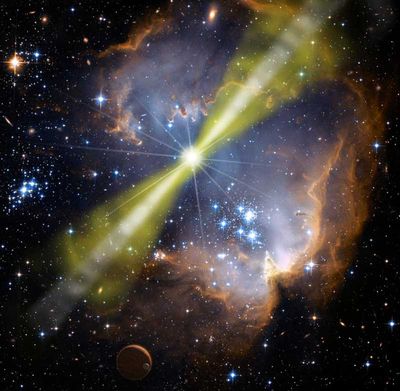 Imagen de una nebulosa brillante con una estrella prominente en el centro emitiendo rayos de luz intensa que atraviesan el espacio. Nubes de gas y polvo c&oacute;smico rodean la estrella, y un peque&ntilde;o planeta es visible en la esquina inferior izquierda, todo incrustado en un fondo estrellado.