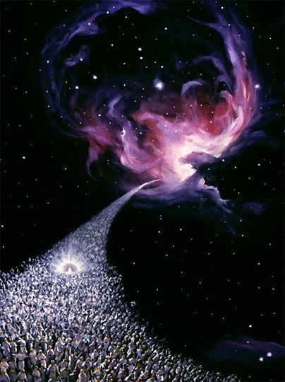 Una representaci&oacute;n art&iacute;stica de una amplia asamblea de personas mirando hacia un impresionante fen&oacute;meno c&oacute;smico, consistente en una gigantesca nebulosa de color rosa y blanco que emite una luz intensa, como una representaci&oacute;n celestial de la Mazzaroth.