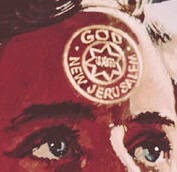 Primer plano de una ilustraci&oacute;n que muestra los ojos de una persona con una marca circular en su frente con un emblema estelar referente a Mazzaroth que incluye la leyenda "God New Jerusalem."