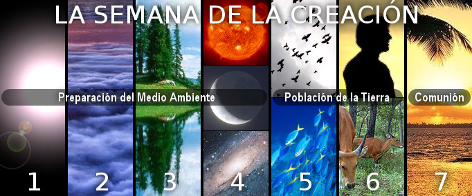 Imagen que ilustra "La Semana de la Creaci&oacute;n" con siete paneles. El primer panel muestra la Tierra desde el espacio con un eclipse solar, el segundo un atardecer rosado, el tercero bosques junto a un lago, el cuarto el sol brillante, el quinto una bandada de aves en vuelo, el sexto bancos de peces azules bajo el agua, y el s&eacute;ptimo un ciervo en el bosque junto a un panel de una playa al atardecer.