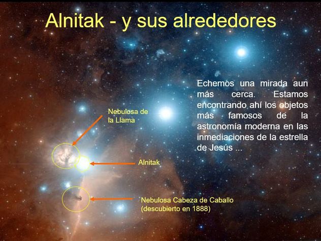 Imagen educativa que muestra la estrella Alnitak y sus alrededores, incluyendo la Nebulosa de la Llama y la Nebulosa Cabeza de Caballo en un contexto astron&oacute;mico detallado. El fondo presenta colores intensos de azul y naranja que representan diferentes elementos y gases del cosmos.