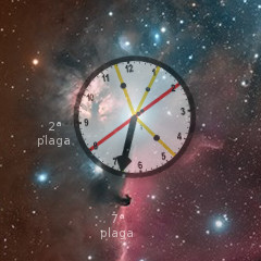 Una imagen conceptual que muestra un reloj de pared con manecillas prominentes, superpuesto sobre un vibrante fondo c&oacute;smico con nebulosas y estrellas.