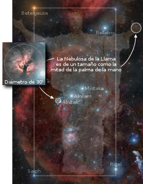 Imagen astron&oacute;mica que muestra una secci&oacute;n del Mazzaroth, destacando estrellas como Betelgeuse, Bellatrix, Rigel, y Saiph. Incluye anotaciones sobre la Nebulosa de la Llama y menciona las dimensiones de un di&aacute;metro visible en comparaci&oacute;n con el tama&ntilde;o de una mano humana.