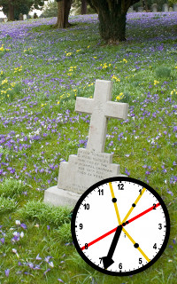Imagen de una cruz de piedra en un prado florido bajo &aacute;rboles, junto a un reloj de pared superpuesto que indica las tres menos cuarto.
