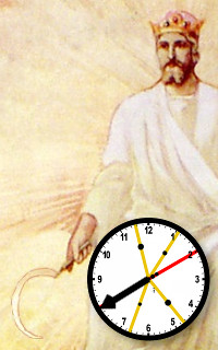 Imagen de un hombre con corona y t&uacute;nica blancas, sosteniendo un s&iacute;mbolo similar a un reloj con esfera de colores que incluye las manecillas marcando aproximadamente las 10:09. El fondo irradia un tono suave como resplandor celestial.
