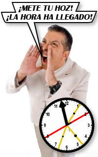 Un hombre con traje claro gritando emocionado hacia su mano derecha, que simula un meg&aacute;fono, con un gr&aacute;fico de un reloj grande con punteros coloridos sobreimpreso en la parte inferior.