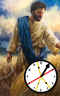 Imagen de un hombre con barba y cabello casta&ntilde;o, vestido con ropas tradicionales blancas y azules, caminando por un campo de trigo bajo un cielo dram&aacute;tico. En la esquina inferior derecha, se superpone la imagen de un reloj anal&oacute;gico.