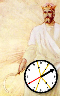 Ilustraci&oacute;n de un rey en ropajes blancos y dorados con una corona, sosteniendo un cetro, superpuesto con un reloj anal&oacute;gico que marca las 10:10.