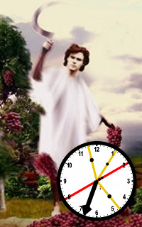 Imagen que combina una representaci&oacute;n cl&aacute;sica de un personaje ang&eacute;lico con alas, sosteniendo una hoz sobre un paisaje natural con flores y un reloj superpuesto en primer plano que marca las 10:10.