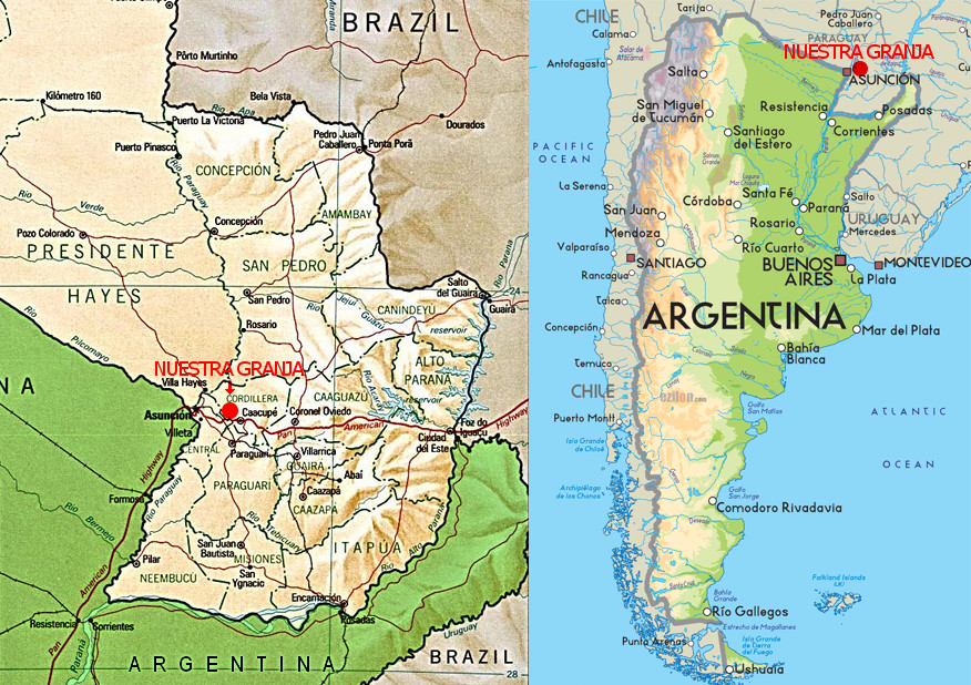 Mapa que muestra la regi&oacute;n de Nuestra granja que contiene trazados de caminos rojos, marcados puntos de inter&eacute;s y varias ciudades en el &aacute;rea. La imagen tambi&eacute;n incluye un fragmento de un mapa de Argentina ilustrando sus provincias, ciudades principales, y geograf&iacute;a variada desde monta&ntilde;as hasta planicies.
