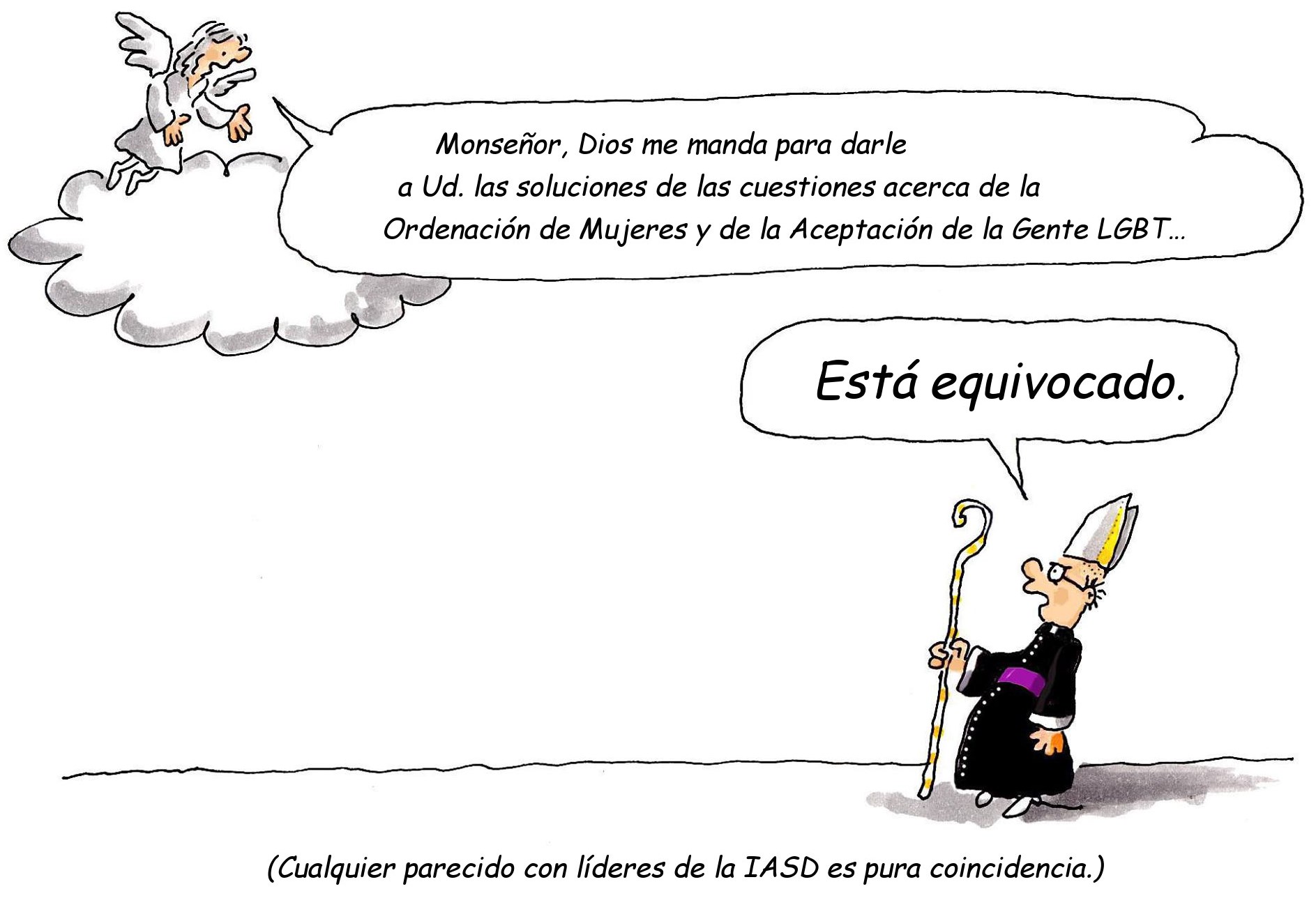 Ilustraci&oacute;n de un monse&ntilde;or con vestimenta eclesi&aacute;stica hablando con un &aacute;ngel sentado en una nube. El &aacute;ngel lleva un mensaje de Dios sobre cuestiones de ordenaci&oacute;n y aceptaci&oacute;n, mientras que el monse&ntilde;or responde con escepticismo.