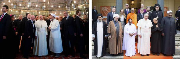 Imagen doble que muestra grupos de l&iacute;deres religiosos y pol&iacute;ticos internacionales en eventos formales. A la izquierda, en un interior elegante, est&aacute;n de pie en l&iacute;nea sobre una alfombra roja, vestidos con trajes y atuendos religiosos tradicionales. A la derecha, los l&iacute;deres se re&uacute;nen al aire libre sobre un estrado naranja, tambi&eacute;n vestidos en variedad de vestimentas formales y religiosas.