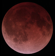 Imagen de un eclipse lunar con la luna te&ntilde;ida de un color rojo intenso contra un fondo oscuro.
