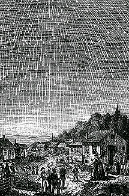 Ilustraci&oacute;n en blanco y negro que muestra a un grupo de personas en un pueblo peque&ntilde;o observando un vasto cielo estrellado, repleto de un denso patr&oacute;n de estrellas.