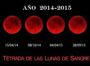 Cuatro im&aacute;genes de eclipses lunares totales ocurridos durante el per&iacute;odo 2014-2015, cada uno mostrando la luna te&ntilde;ida de rojo contra un fondo negro, con fechas correspondientes debajo de cada imagen.