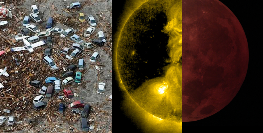 Imagen compuesta que muestra tres situaciones contrastantes. A la izquierda, un dep&oacute;sito de veh&iacute;culos da&ntilde;ados y chatarra, en el centro, una vista detallada y radiante del Sol, y a la derecha, una imagen de la Luna te&ntilde;ida de rojo, similar a un eclipse lunar.