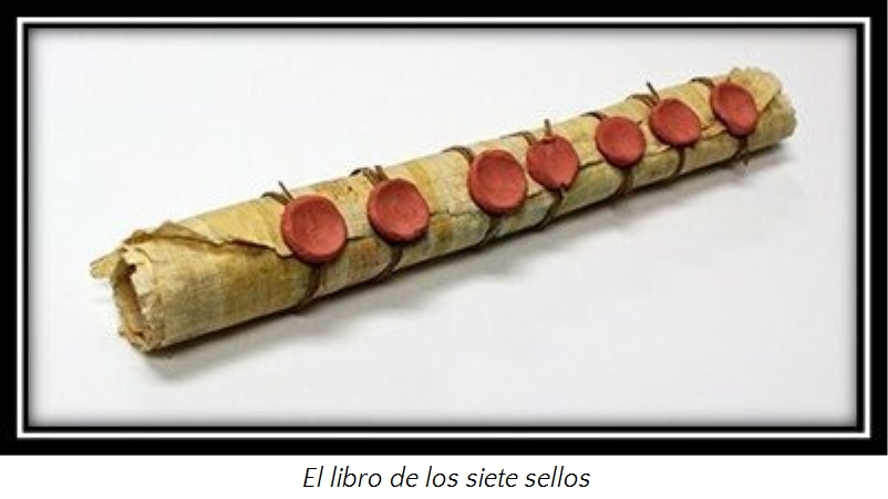 Imagen de un antiguo rollo de pergamino cerrado con siete sellos de cera roja, evocando im&aacute;genes de documentos hist&oacute;ricos o textos b&iacute;blicos.