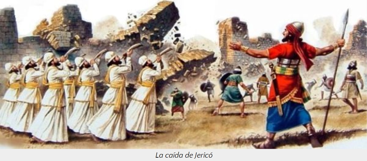 Pintura dram&aacute;tica que representa la ca&iacute;da de las murallas de Jeric&oacute;, con un grupo de sacerdotes tocando trompetas frente a los muros derrumb&aacute;ndose y guerreros avanzando hacia la ciudad. Un l&iacute;der con vestidura roja y azul alza su brazo en se&ntilde;al de victoria.