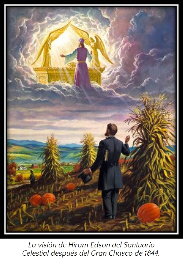 Una pintura que muestra a un hombre con vestimenta del siglo XIX, observando una visi&oacute;n celestial en un campo de ma&iacute;z y calabazas. En la visi&oacute;n, un &aacute;ngel con alas doradas y vestido con una t&uacute;nica morada muestra un santuario majestuoso en las nubes, rodeado por un intenso resplandor y nubes tormentosas.