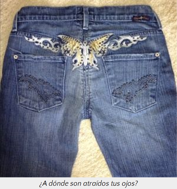 Pantalones vaqueros sobre una superficie con adornos brillantes en la zona de los bolsillos traseros que evocan la forma de las constelaciones celestiales, especialmente reminiscentes de las configuraciones del Mazzaroth.