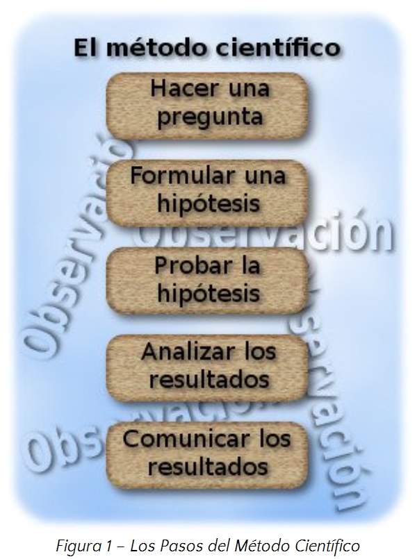 Infograf&iacute;a titulada "El m&eacute;todo cient&iacute;fico" que muestra los pasos del proceso en seis tarjetas de corcho apiladas verticalmente. Los pasos incluyen: Hacer una pregunta, Formular una hip&oacute;tesis, Probar la hip&oacute;tesis, Analizar los resultados, Comunicar los resultados, rodeados de un fondo celeste con textura de nubes.
