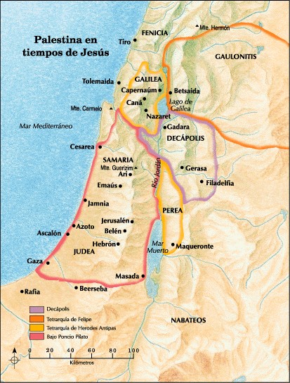 Mapa de Palestina en tiempos de Jes&uacute;s mostrando varias regiones como Galilea, Samaria y Judea, y ciudades como Jerusal&eacute;n, Nazaret y Bel&eacute;n. Se destacan rutas y localizaciones geogr&aacute;ficas importantes, como el Mar Mediterr&aacute;neo y el Mar Muerto.