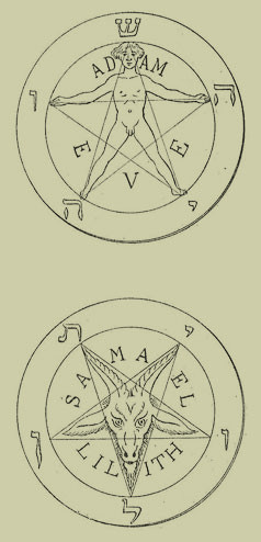 Imagen de dos sellos circulares sobre un fondo amarillo claro. En el sello superior, figura humanoide con brazos y piernas extendidos dentro de un pentagrama, rodeado por las letras A, D, A, M. En el sello inferior, un rostro de un animal con cuernos similar a un cabra dentro de un pentagrama, con las palabras SAMAEL y LILITH en el borde del c&iacute;rculo.