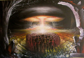 Pintura que muestra un grupo de personas de pie bajo una formaci&oacute;n celeste luminosa que recuerda al espect&aacute;culo de la Mazzaroth. El entorno oscuro a su alrededor contrasta con los brillantes colores amarillo y naranja que irradian desde el centro.
