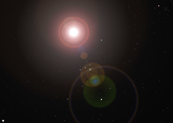 Ilustraci&oacute;n de un sistema estelar con un sol brillante en el centro irradiando luz, rodeado por anillos de colores que representan campos gravitacionales o atmosf&eacute;ricos, con un fondo oscuro salpicado de estrellas distantes.