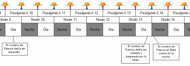 Diagrama detallado que muestra los eventos de la Pascua con fechas del mes de Nis&aacute;n, que alinea desde Nis&aacute;n 9 hasta Nis&aacute;n 14. Incluye &iacute;conos de una estrella sobre cada columna, con etiquetas para cada d&iacute;a y noche, sobre un fondo de cuadr&iacute;cula naranja.