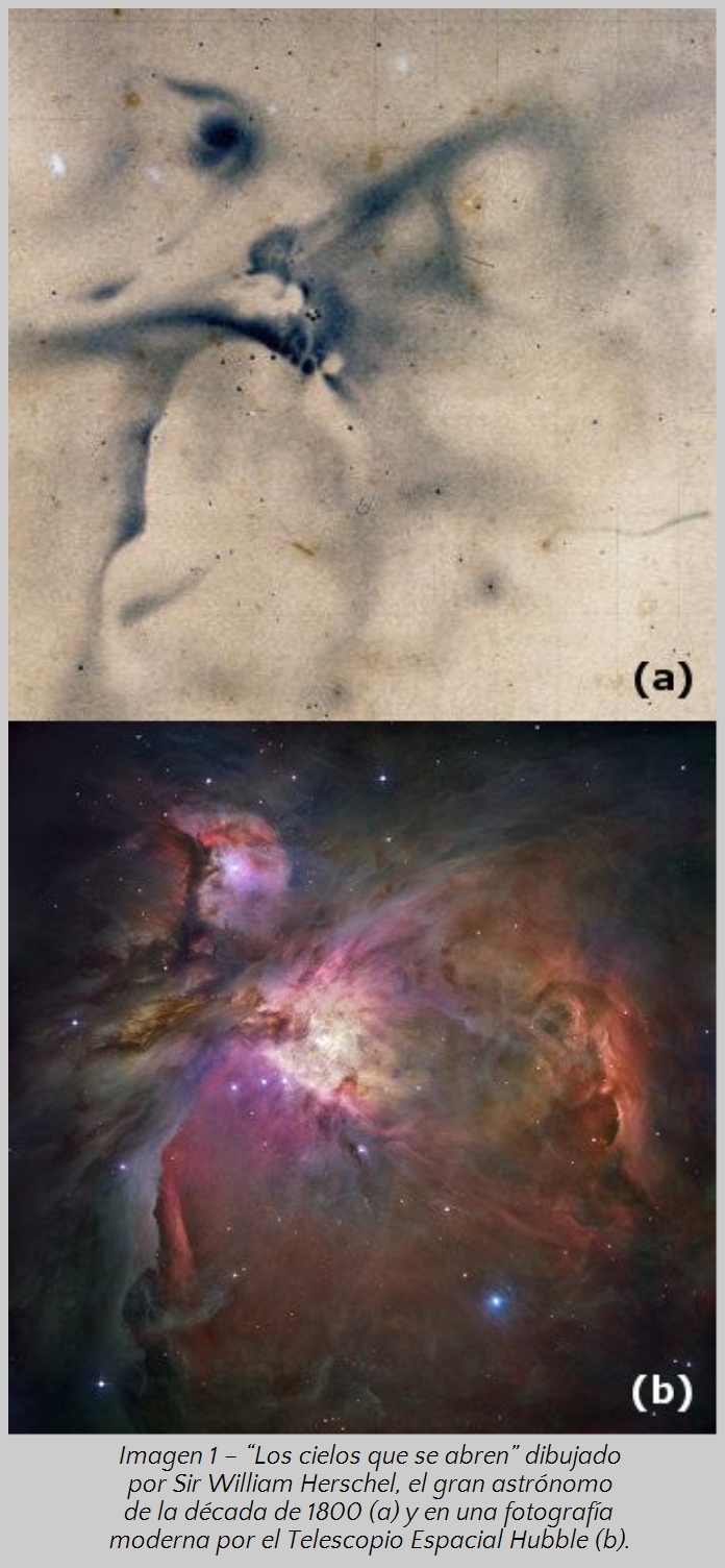 Imagen dividida en dos partes, la superior muestra un dibujo antiguo hecho por Sir William Herschel de una configuraci&oacute;n de estrellas conectadas por formas nebulosas que se asemejan a un rostro esquel&eacute;tico, en tonos s&eacute;pia. La parte inferior muestra una representaci&oacute;n astron&oacute;mica moderna, captada por el Telescopio Espacial Hubble, de una vasta nebulosa con tonos vibrantes rojos, rosas y azules con estrellas dispersas que iluminan la escena.