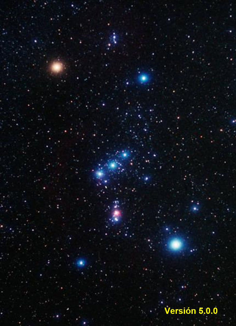 Vista del espacio estelar mostrando m&uacute;ltiples estrellas y una prominente agrupaci&oacute;n de estrellas brillantes de color azul y blanco. En el lado izquierdo se puede ver un objeto celeste m&aacute;s grande y difuso de color anaranjado, rodeado de innumerables puntos luminosos m&aacute;s peque&ntilde;os dispersos por un fondo intensamente oscuro.