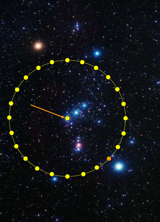 Fotograf&iacute;a astron&oacute;mica mostrando estrellas dispersas y c&uacute;mulos nebulosos en un fondo estrellado. Un c&iacute;rculo compuesto por puntos amarillos conectados por l&iacute;neas resalta un conjunto en particular dentro del campo estelar, incluyendo una estrella azul brillante y una formaci&oacute;n nebulosa visible.