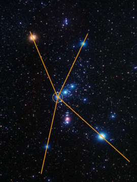 Una representaci&oacute;n visual de constelaciones en el espacio, mostrando estrellas brillantes conectadas por l&iacute;neas doradas sobre un fondo estrellado. En el centro, las estrellas principales est&aacute;n marcadas con un c&iacute;rculo.
