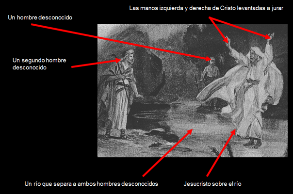 Ilustraci&oacute;n en blanco y negro donde se visualiza a dos hombres en un fondo rocoso separados por un r&iacute;o peque&ntilde;o. Uno de los hombres, en el lado izquierdo, se identifica como Jesucristo, levantando ambas manos en un gesto que parece de juramento. Sobre el r&iacute;o aparece la imagen de Jesucristo.