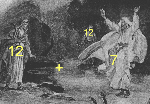 Ilustraci&oacute;n en blanco y negro que muestra a dos figuras con t&uacute;nicas, una en actitud s&uacute;plica y la otra en una pose dram&aacute;tica con los brazos abiertos, sobre un fondo de paisaje rocoso. Aparecen n&uacute;meros superpuestos "12" y "7" con un signo de suma entre ellos.