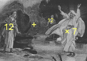 Ilustraci&oacute;n en blanco y negro que representa a tres hombres en ropas antiguas bajo un cielo oscuro, dos de ellos en conversaci&oacute;n apasionada y el tercero observando. Hay anotaciones matem&aacute;ticas sobreimpresas que suman elementos: dos veces el doce m&aacute;s siete veces el doce.
