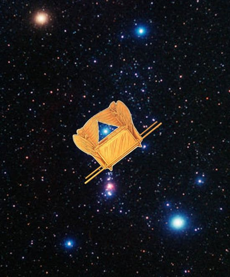 Ilustraci&oacute;n de un objeto dorado con alas sobre un fondo de estrellas y galaxias, representando un elemento del Mazzaroth en medio de una constelaci&oacute;n.