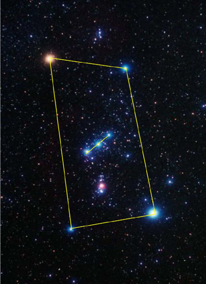 Imagen de una constelaci&oacute;n destacada dentro de un rect&aacute;ngulo amarillo sobre un fondo de estrellas brillantes. Esta agrupaci&oacute;n estelar es parte del Mazzaroth, mostrando principalmente estrellas de diferentes colores y magnitudes.
