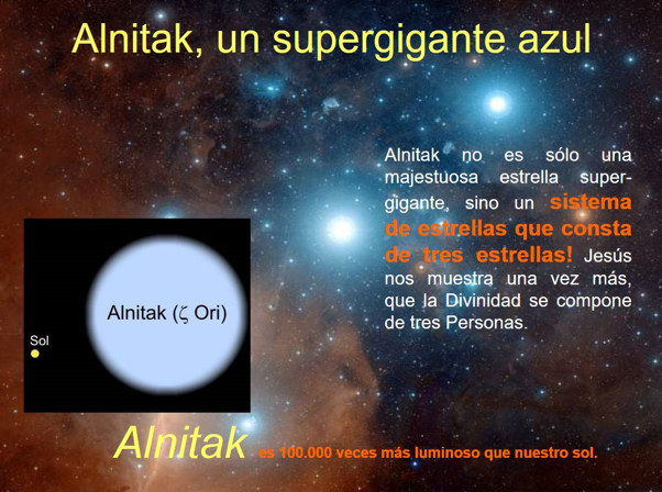 Imagen que muestra la comparaci&oacute;n entre Alnitak, una supergigante azul en la constelaci&oacute;n del Cazador, y el Sol. Alnitak aparece como una luminosa y grande estrella en el cielo estrellado, y el Sol es ilustrado con un peque&ntilde;o punto para destacar la diferencia de tama&ntilde;o. Texto explicativo destaca que Alnitak es parte de un sistema de tres estrellas y es mucho m&aacute;s luminoso que nuestro sol.