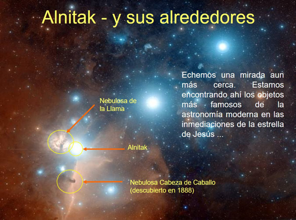 Imagen de la estrella Alnitak y sus alrededores, incluyendo la Nebulosa de la Llama y la Nebulosa Cabeza de Caballo en el espacio exterior. Las nebulosas est&aacute;n marcadas y destacadas con c&iacute;rculos para indicar su ubicaci&oacute;n.