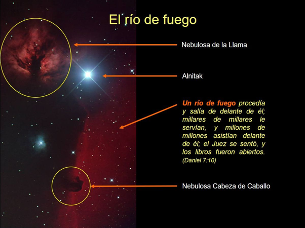 Imagen del espacio que muestra varias formaciones celestiales impactantes, como la Nebulosa de la Llama y la Nebulosa Cabeza de Caballo contra un fondo de estrellas dispersas. Un texto b&iacute;blico de Daniel 7:10 se cita, refiri&eacute;ndose al r&iacute;o de fuego c&oacute;smico. La estrella Alnitak emite resplandor brillante.