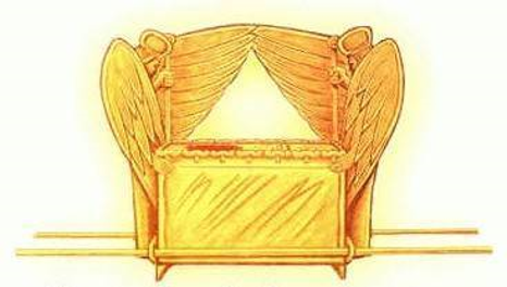 Ilustraci&oacute;n de un arca de oro con varas a los lados y dos figuras aladas enfrentadas en la parte superior, simbolizando temas de teolog&iacute;a y tradiciones antiguas.