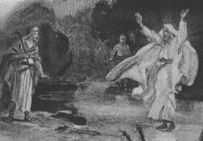 Ilustraci&oacute;n en blanco y negro que muestra a tres hombres vestidos con togas antiguas en un entorno nocturno. Dos de ellos parecen estar en una intensa discusi&oacute;n o celebraci&oacute;n, mientras un tercero observa sentado. El cielo oscuro sobre ellos podr&iacute;a sugerir una referencia a los cuerpos celestes.