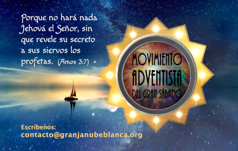 Imagen que combina motivos celestes y referencias religiosas. Incluye un barco navegando bajo un cielo estrellado con una gran estrella de m&uacute;ltiples puntas brillante en el centro, rodeando un logotipo que dice "Movimiento Adventista del Gran S&aacute;bado". Un texto b&iacute;blico de Am&oacute;s 3:7 destaca en la parte superior, junto con informaci&oacute;n de contacto en la parte inferior. Interner Link zu einem Artikel auf dieser Website.